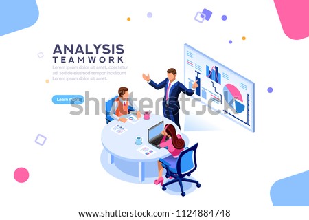 Project management and financial report strategy. Consulting team. Collaboration concept with collaborative people. Isometric business analysis planning. Flat isometric characters vector illustration.