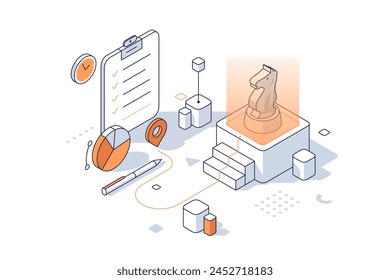 Gestión de proyectos y estrategia financiera. Equipo de consultoría. Establecer metas para el desarrollo de startups. Ilustración vectorial en contorno Estilo isométrico