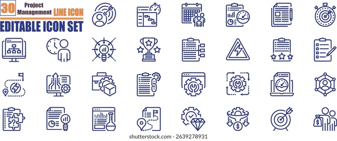 Project management flat icon collection. Contains such icons as schedule, human resource, management, development, planning, strategy and more. 