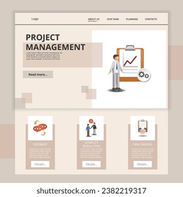 Plantilla del sitio web de la página de inicio plana de administración de proyectos. Comentarios, resolución de conflictos, negociación. Banner web con encabezado, contenido y pie de página. Ilustración vectorial.