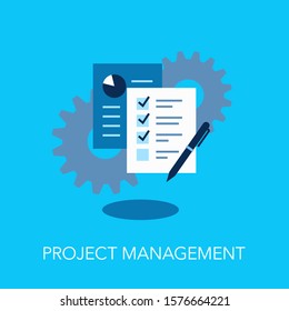 Project management flat symbol with gears and documents over it. Easy to use for your website or presentation.	