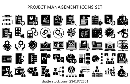 Project Management glyph icons set, contain data analysis, graph, finance, network, idea and more. use for modern concept, UI or UX kit, web and app. vector EPS 10 ready convert to SVG. svg