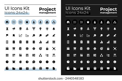 Project management glyph ui icons kit for dark, light mode. Task solving. Silhouette symbols for night, day themes. Solid pictograms. Vector isolated illustrations. Poppins font used