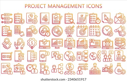Project Management gradient outline icons set, contain data analysis, graph, finance, network, idea and more. use for modern concept, UI or UX kit, web and app. vector EPS 10 ready convert to SVG. svg