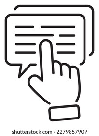 Mano de gestión de proyectos, burbuja de conversación, ilustración de iconos de vectores testimoniales.
