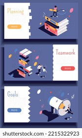 Banners horizontales de administración de proyectos con información sobre la planificación de objetivos de trabajo en equipo ilustración vectorial isométrica