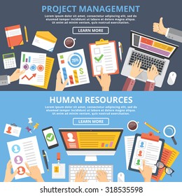 Project management, human resources flat illustration concepts set. Top view. Modern flat design concepts for web banners, web sites, printed materials, infographics. Creative vector illustration