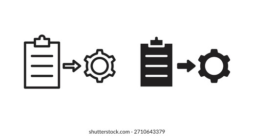 Ícone de gerenciamento de projeto em um design de vetor traçado preto e versão sólida plana em fundo branco