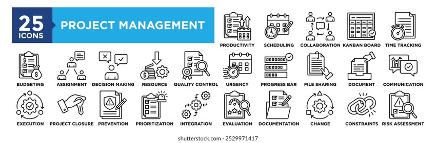 Conjunto de coleta de ícones do Gerenciamento de Projetos. Contendo negócios de design, projeto, trabalho, planejamento, gerente, gerenciamento, trabalho em equipe