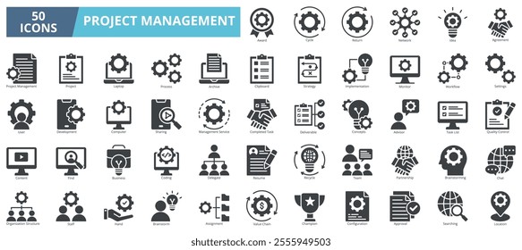 Project management icon collection set. Containing planning,scheduling,leadership,project,management,goals,target,management icon. Simple glyph vector