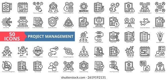 Project management icon collection set. Containing planning, scheduling, management, resource allocation, delegation, budget, timeline, scope, tracking, risk icon. Simple outline vector illustration.