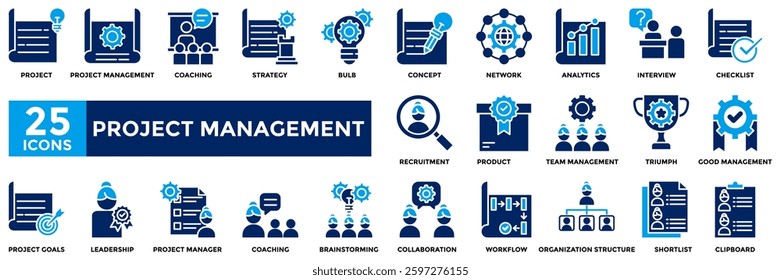 Project management icon collection set.Containing coaching, strategy, concept, network, project goals, good management icon.Simple flat vector illustration.
