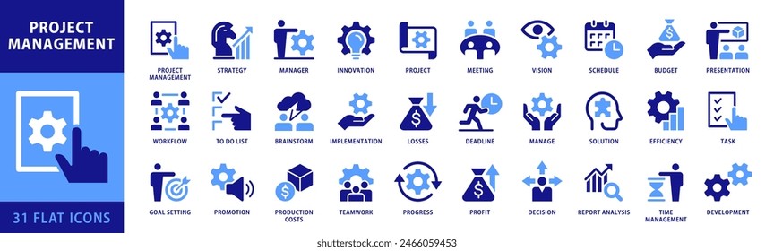 Project management icon collection. Time management and Planning, Task, Presentation and Schedule concepts. Dual color flat style icon set.