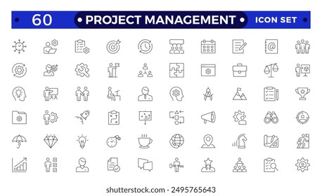 Colección de iconos de gestión de proyectos. Concepto de gestión y planificación del tiempo. Iconos de gestión empresarial u organizativa para Web y App móvil. Gestión del tiempo, planificación, proyecto, puesta en marcha, marketing.
