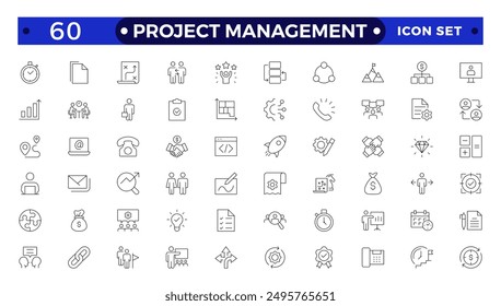 Colección de iconos de gestión de proyectos. Concepto de gestión y planificación del tiempo. Iconos de gestión empresarial u organizativa para Web y App móvil. Gestión del tiempo, planificación, proyecto, puesta en marcha, marketing.
