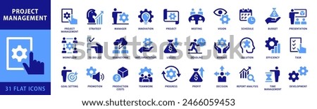 Project management icon collection. Time management and Planning, Task, Presentation and Schedule concepts. Dual color flat style icon set.