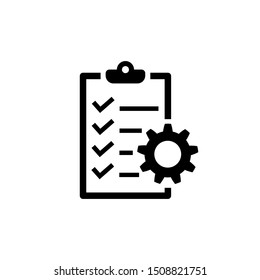 Project Management Icon. To Do List Symbol On White Background. Checklist With Cog Icon In Flat Style. Simple Abstract Plan Icon In Black. Vector Illustration For Graphic Design, Web, UI, Mobile Upp