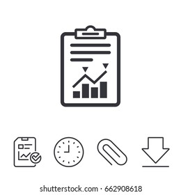 Project Management Icon. Report Document Symbol. Accounting File With Charts Symbol. Report, Time And Download Line Signs. Paper Clip Linear Icon. Vector