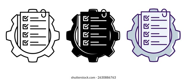Project Management icon represented by paper project, gear Line, Filled, Color style.