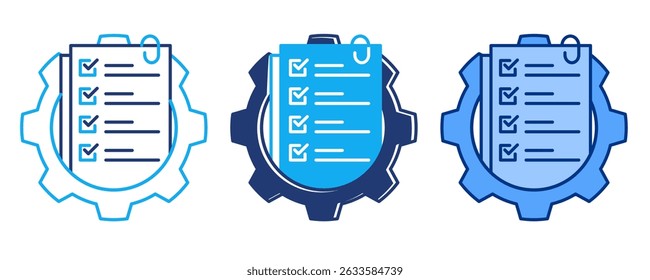 Project Management icon represented by paper project, gear Blue, Dualline, Dualtone style.