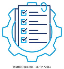 Icono de gestión de proyectos representado por un proyecto de papel, engranaje de estilo de línea dual.