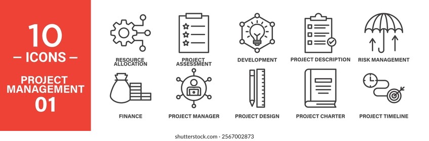 Project Management Icon Set: 10 Editable Vector Icons Depicting Resource Allocation, Risk Management, and Project Development.