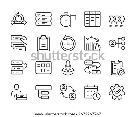 Project Management, icon set. Agile workflow, tasks, deadlines, charts, planning, teamwork, roadmap, resources, sprints, productivity, goals, reports, organization. Line with editable stroke