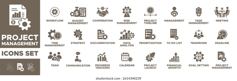 Project management icon set. budget, calendar, communication, goal setting, deadline, to do list, , workflow, milestones, deadlines, meeting, strategy, risk. Vector illustration. Editable Solid icon.