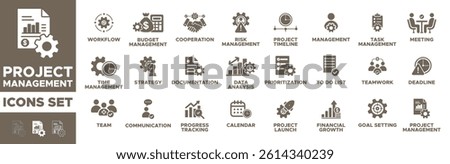 Project management icon set. budget, calendar, communication, goal setting, deadline, to do list, , workflow, milestones, deadlines, meeting, strategy, risk. Vector illustration. Editable Solid icon.