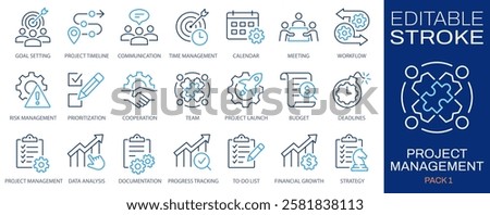 Project management icon set. Collection of collaboration, workflow, milestones, deadlines and more. Vector illustration. Editable stroke.
