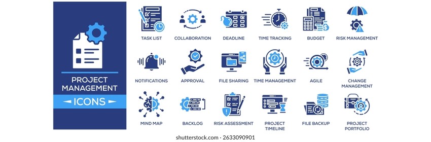 Conjunto de iconos de Gestión de proyectos. Contiene diseño, fecha límite, lista de tareas, seguimiento de tiempo, hito, colaboración. Colección de iconos sólidos.