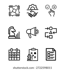 
Conjunto de iconos de gestión de proyectos. Contiene negocios, organización, planificación, inicio, marketing, colaboración, desarrollo, estrategia y más. Iconos de línea editables. Ilustración vectorial.