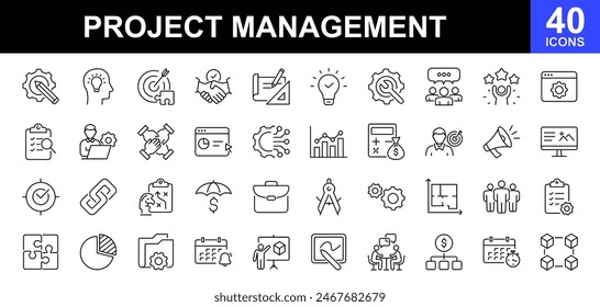 Conjunto de iconos de gestión de proyectos. Contiene iconos como programación, recursos humanos, administración, desarrollo, planificación, estrategia y más. Concepto de gestión y planificación del tiempo