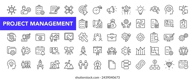 Conjunto de iconos de gestión de proyectos con trazo editable. Colección de iconos de línea fina de gestión empresarial u organizativa. Ilustración de vector