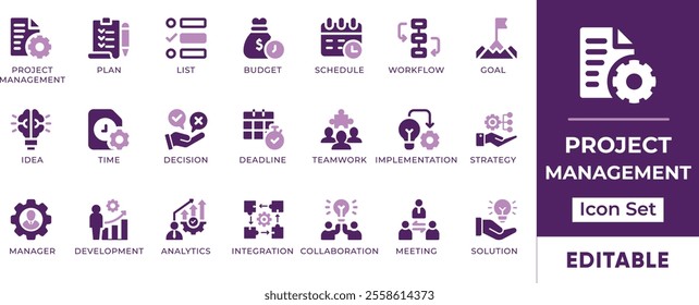 Project Management Icon Set. Features editable icons for project management, planning, execution, control, monitoring, and more. Perfect for project managers, teams, and businesses.