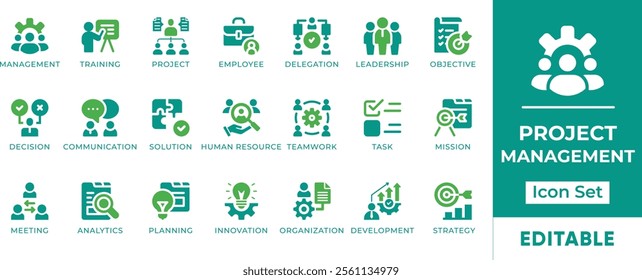 Project Management Icon Set. Features editable icons for project management symbols, planning, execution, control, and monitoring. Perfect for project managers, teams, and businesses.