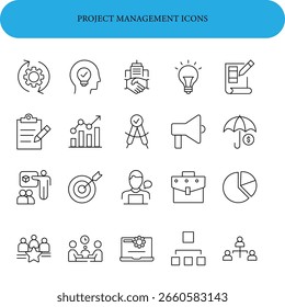 Conjunto de iconos de gestión de proyectos. Los íconos incluyen engranajes, una cabeza con una bombilla, un apretón de manos, un Portapapeles, un gráfico de barras, una brújula, un megáfono, un paraguas con un signo de dólar, una persona, un maletín.
