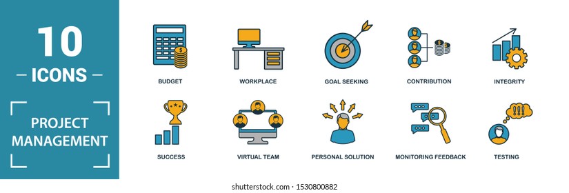 Project Management icon set. Include creative elements goal seeking, virtual team, budget, global management, team cohesion icons. Can be used for report, presentation, diagram, web design.