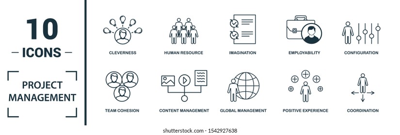 Project Management Icon Set. Include Creative Elements Goal Seeking, Virtual Team, Budget, Global Management, Team Cohesion Icons. Can Be Used For Report, Presentation, Diagram, Web Design.