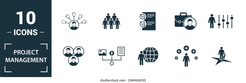 Project Management Icon Set. Include Creative Elements Goal Seeking, Virtual Team, Budget, Global Management, Team Cohesion Icons. Can Be Used For Report, Presentation, Diagram, Web Design.