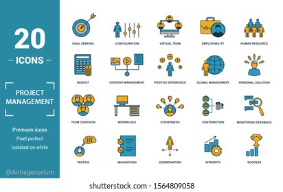 Project Management Icon Set. Include Creative Elements Goal Seeking, Virtual Team, Budget, Global Management, Team Cohesion Icons. Can Be Used For Report, Presentation, Diagram, Web Design.