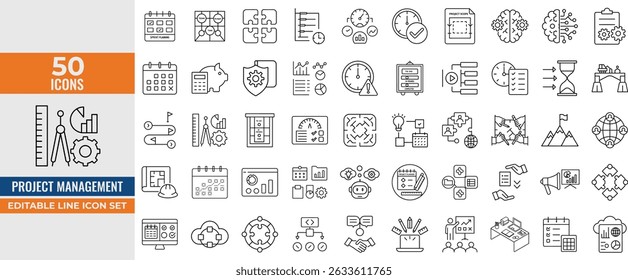 Conjunto de Ícones de Gerenciamento de Projetos - Inclui os Ícones de Cronograma, RH, Planejamento, Estratégia, Desenvolvimento e Gerenciamento de Tempo para Otimização de Negócios e de Fluxo de Trabalho