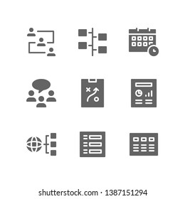 Project management icon set including teamwork, timeline, deadline, schedule, meeting, strategy, planning, infographic, network, task