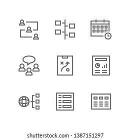 Project management icon set including teamwork, timeline, deadline, schedule, meeting, strategy, planning, infographic, network, task