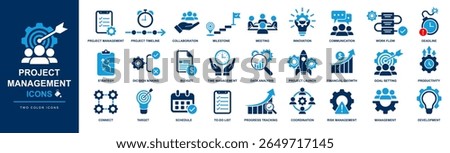 Project management icon set including strategy, teamwork, meeting, deadline, solution, decision making, workflow, goal, collaboration, communication, budget, innovation, risk management, schedule etc