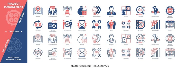 Project Management icon set. Objectives, Budget, Collaboration, Implementation, Development, Strategy, Analytics, Cash Flow. Duotone color solid and editable outline icons