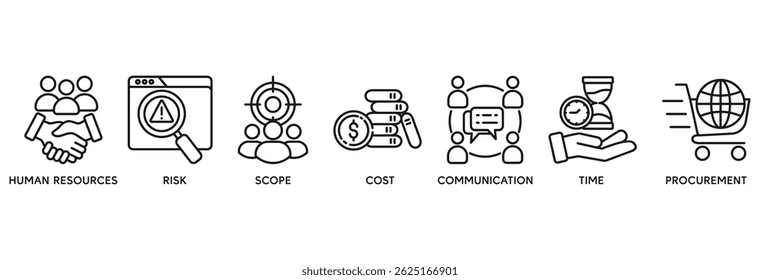 Ícone de gerenciamento de projeto define o conceito de ilustração vetorial relacionado a recursos humanos, risco, escopo, custo, comunicação, tempo e aquisição