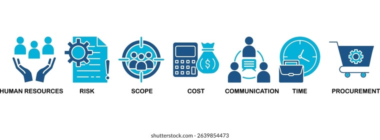 Project management icon set vector illustration concept with icon of human resources, risk, scope, cost, communication, time and procurement
