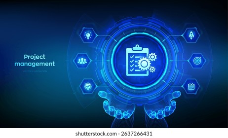 Project management icon in wireframe hands. Effective time planning technology concept. Project development. Business target. Company strategy. Vector illustration.
