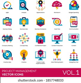 Project management icons including agile, analysis, appreciation, brainstorm, workplace, cash flow, communication, concept map, confidential, content production, creative idea, data filtering system.